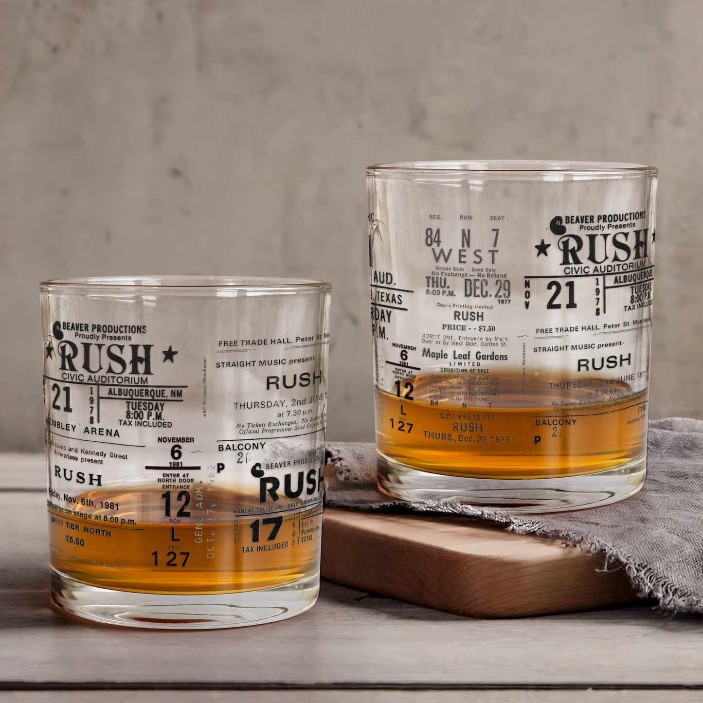 Rush Band Tickets Collection Printed Effect Whiskey Glass –  Vintage Design (With Gift Box)
