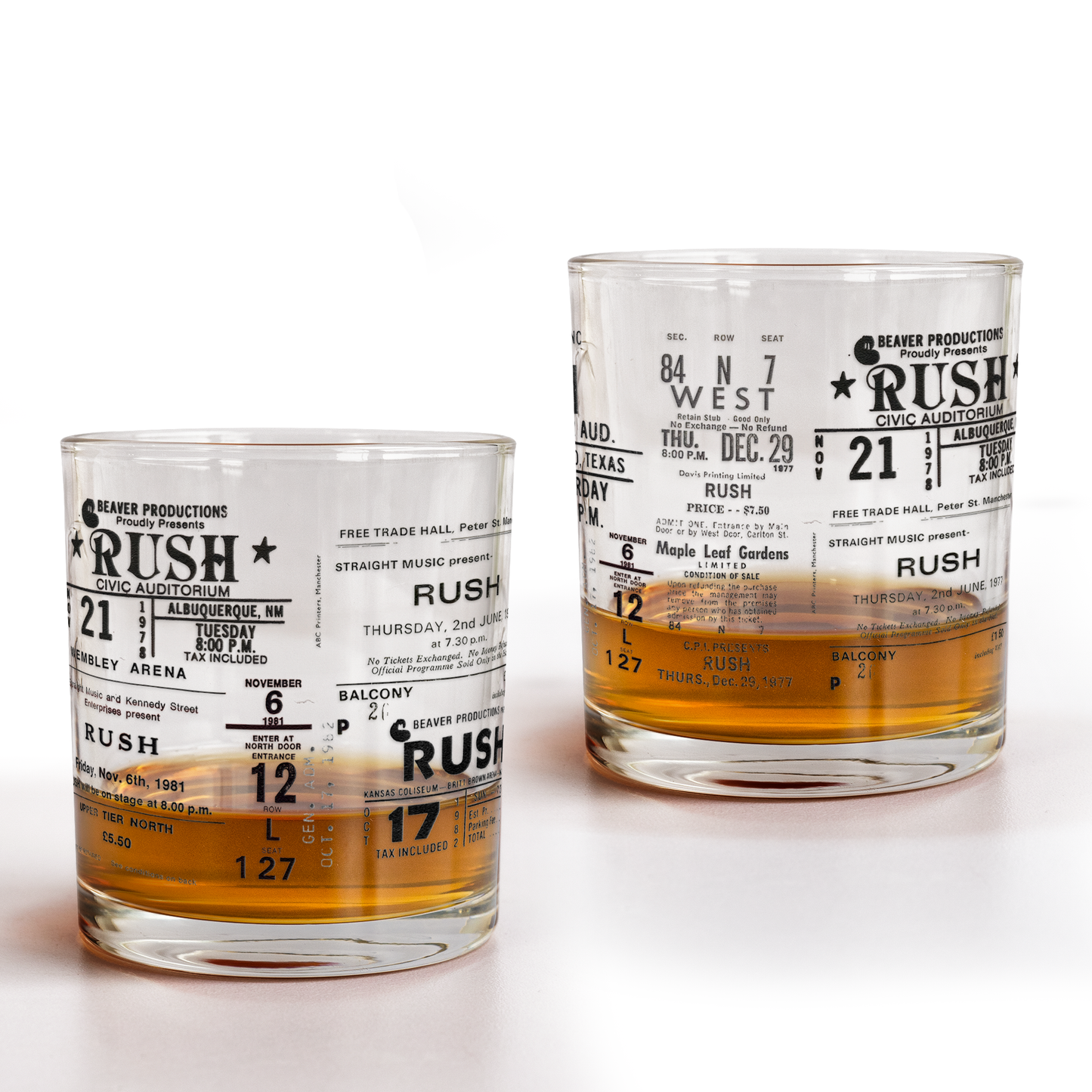 Rush Band Tickets Collection Printed Effect Whiskey Glass –  Vintage Design (With Gift Box)