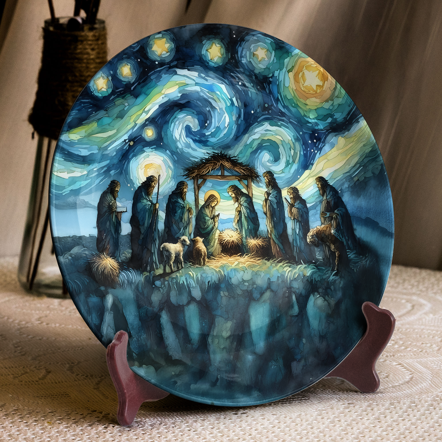 Starry Night Nativity Scene Decorative Plate - Van Gogh Inspired Religious Christmas Art Wall Decor