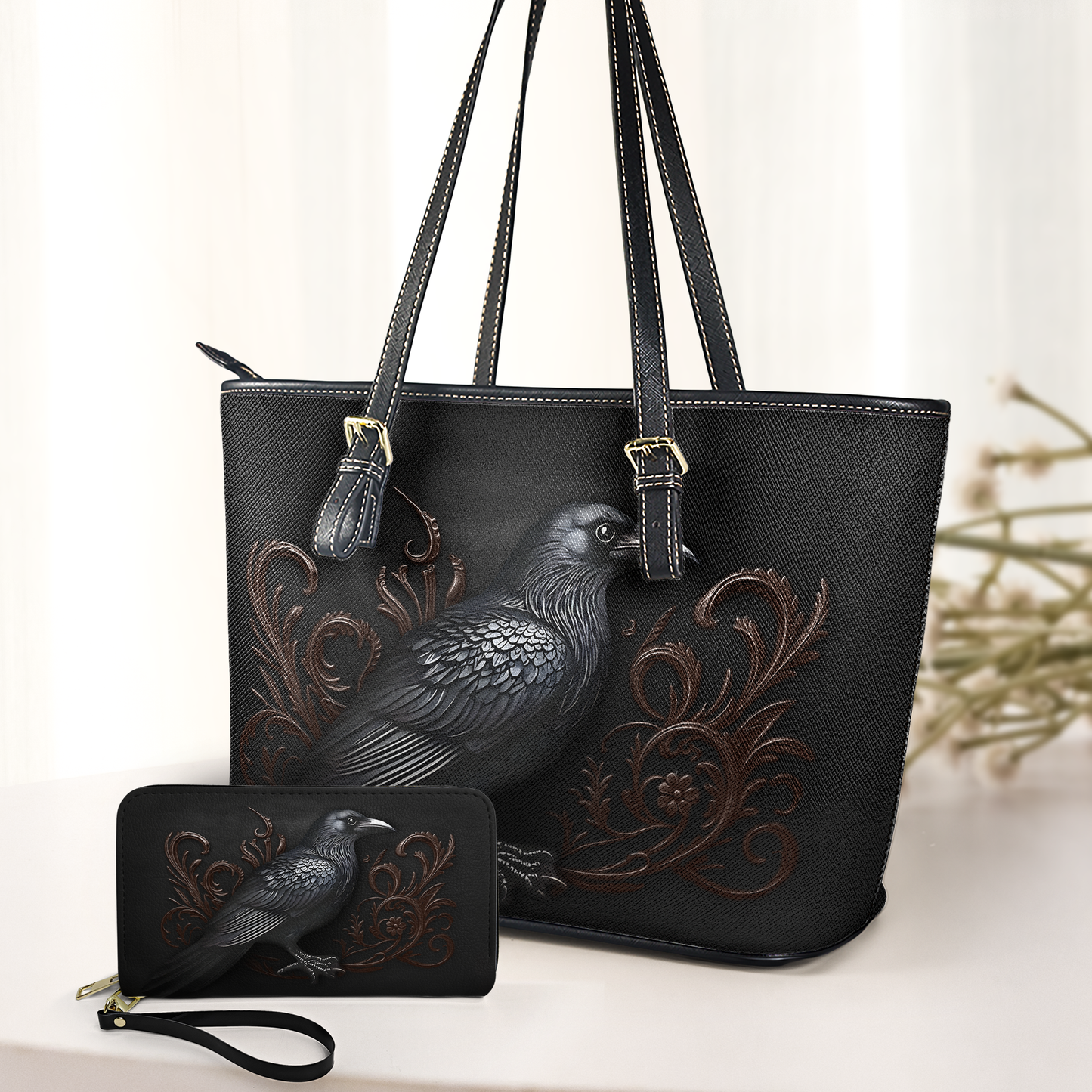 Edgar Allan Poe Raven Design Leather Handbag & Wallet Set