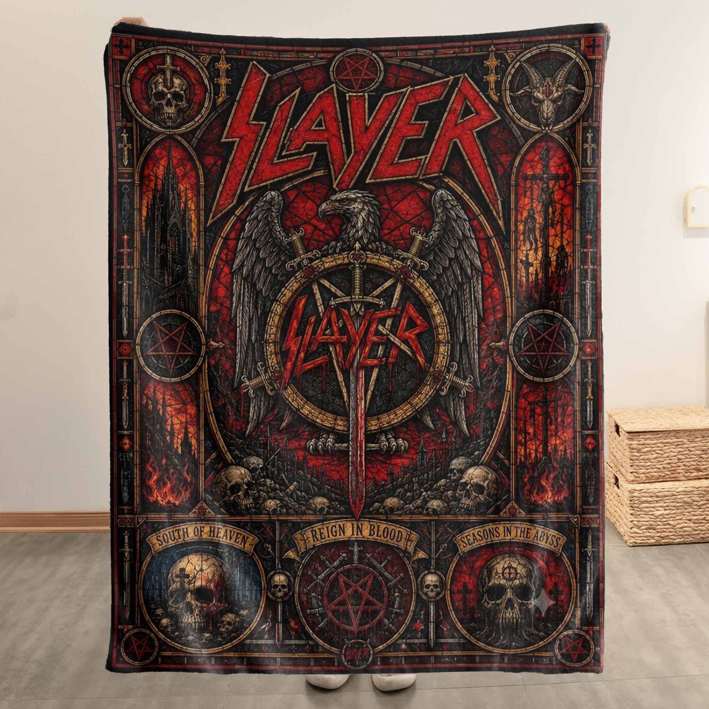 Slayer Band Sherpa Blanket – Reign In Blood Stained Glass Thrash Metal Throw Blanket