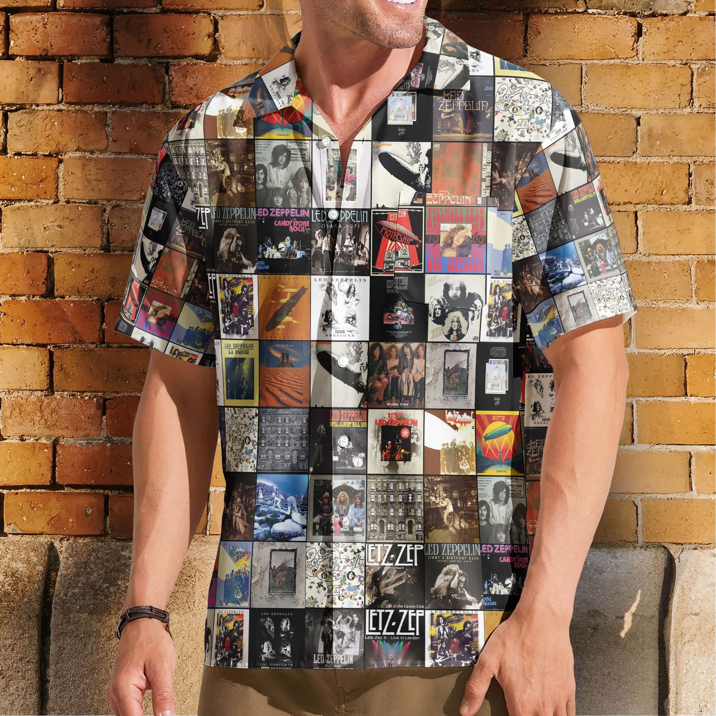 Led Zeppelin Album Cover Hawaiian Shirt - Unisex Retro Physical Graffiti Mothership Collage Grid Button Up