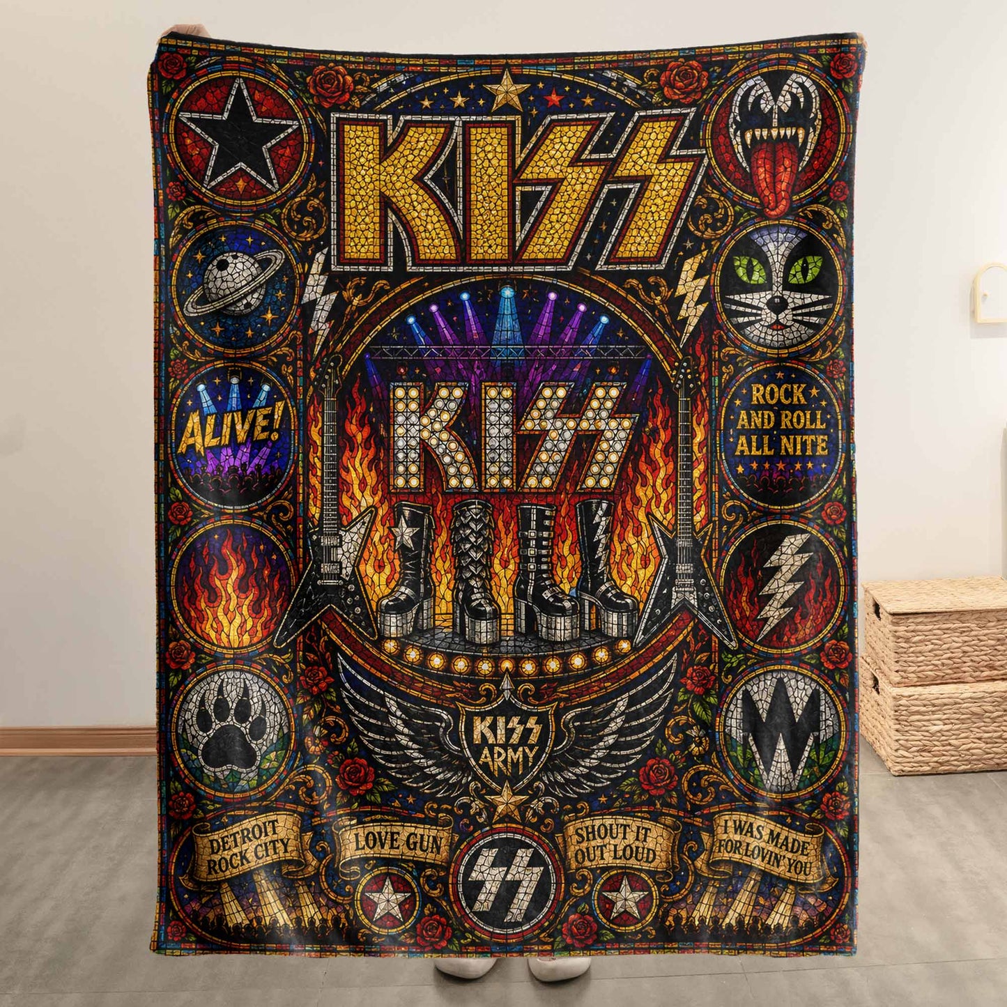 KISS Band Sherpa Blanket – Detroit Rock City Stained Glass Blanket