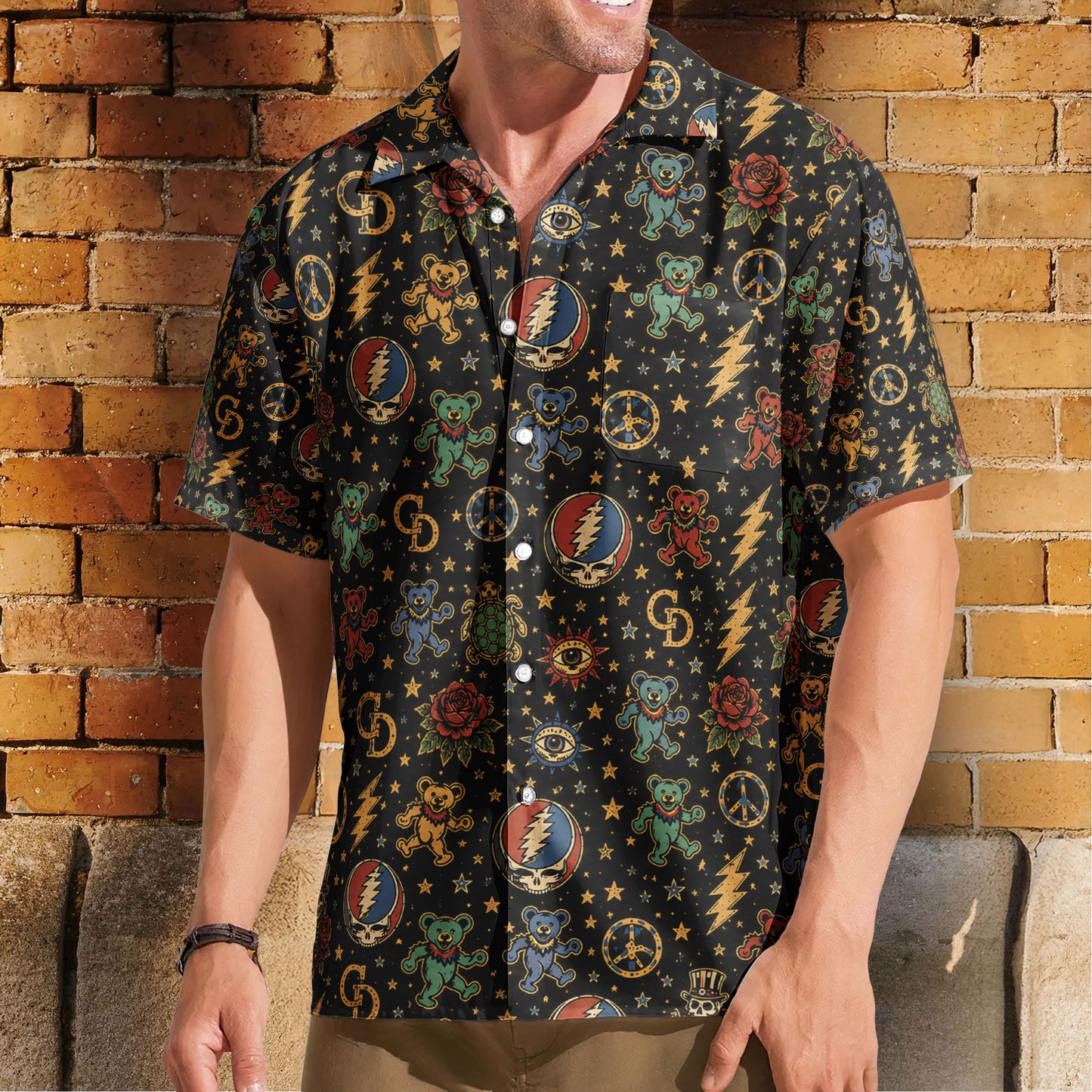 Grateful Dead Dancing Bears Stealie Lightning Bolt Terrapin Turtle Black Hawaiian Shirt – Retro Music Album Art Inspired Unisex Shirt