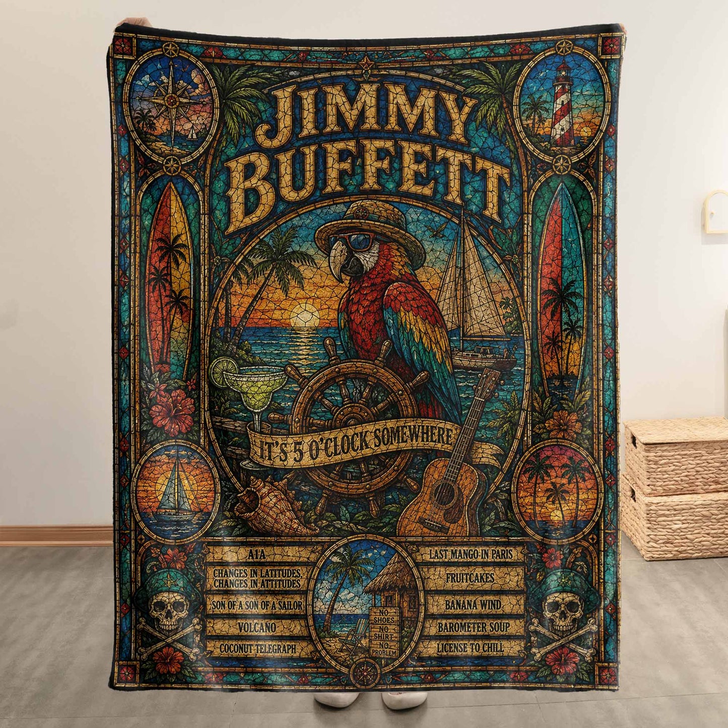 Jimmy Buffett Sherpa Blanket – Margaritaville Stained Glass Tropical Coastal Blanket
