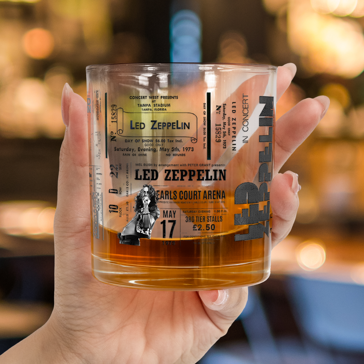 Led Zeppelin Vintage Concert Ticket Printed Whiskey Glass - Multiple Designs Available Father's Day Gift (With Gift Box)
