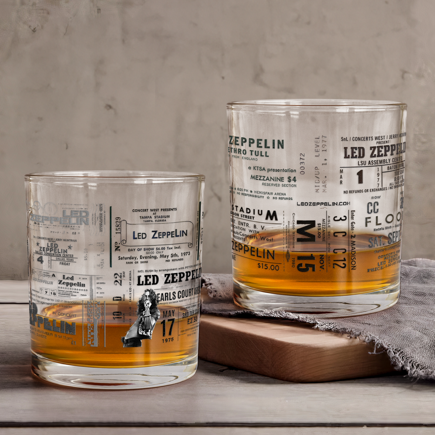 Led Zeppelin Vintage Concert Ticket Printed Whiskey Glass - Multiple Designs Available Father's Day Gift (With Gift Box)