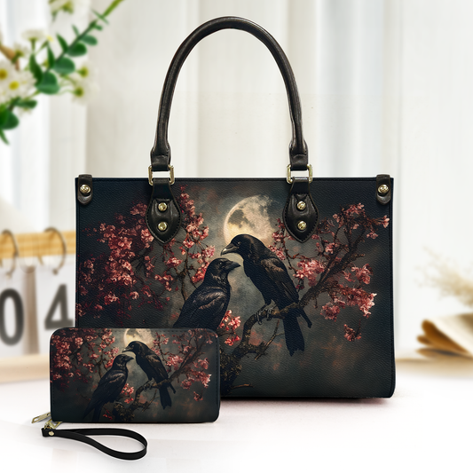 Raven Couple in Dark Forest - Leather Handbag & Wallet Set