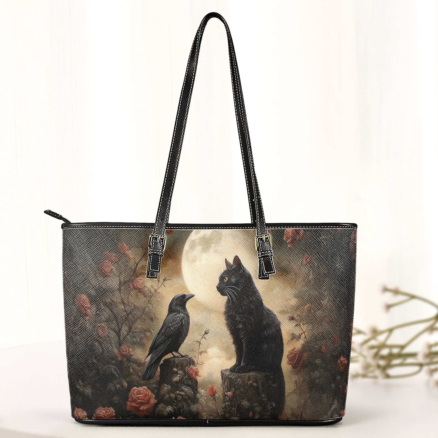 Mystic Moon Black Cat & Raven Gothic Leather Handbag with Wallet