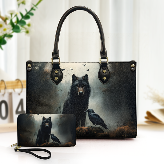Mystic Wolf and Raven Leather Handbag with Gothic Forest Design