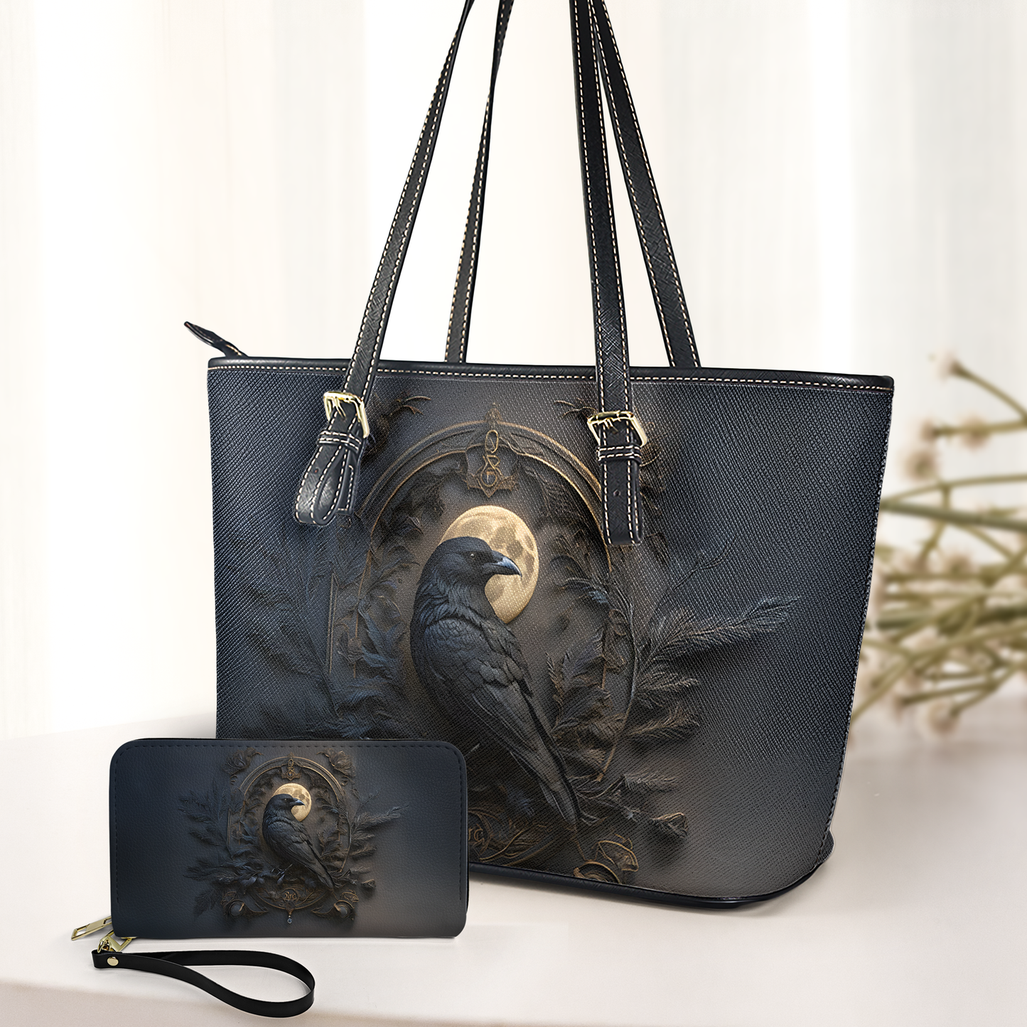 Gothic Raven & Moon Leather Handbag & Wallet Set – Dark Fantasy Elegance