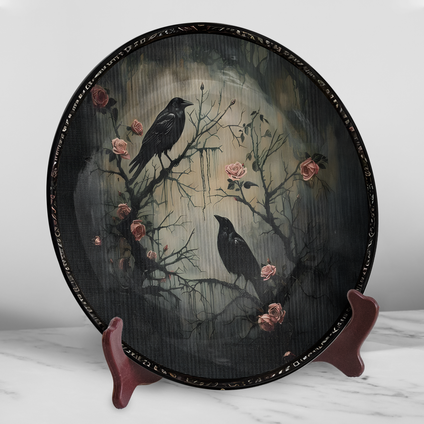 Raven & Roses Gothic Decorative Ceramic Plate – Dark Romantic Elegance