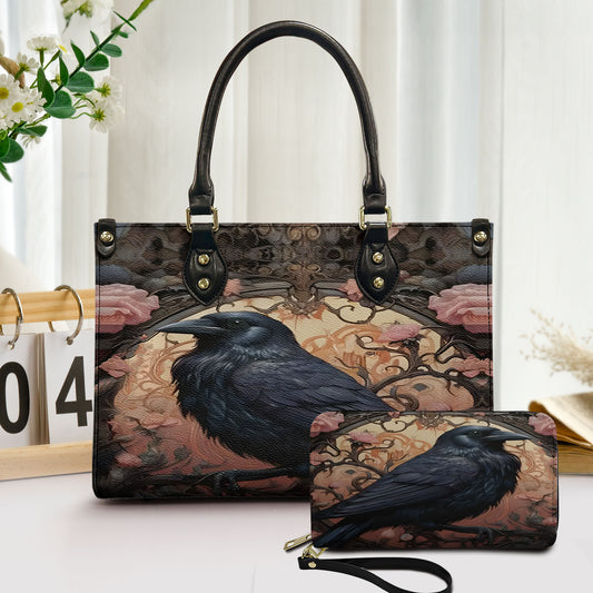 The Silent Raven Leather Handbag & Wallet Set – Gothic Grace in Shadowed Bloom