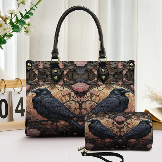 Gothic Raven Roses Leather Handbag & Wallet Set – Dark Romance Elegance
