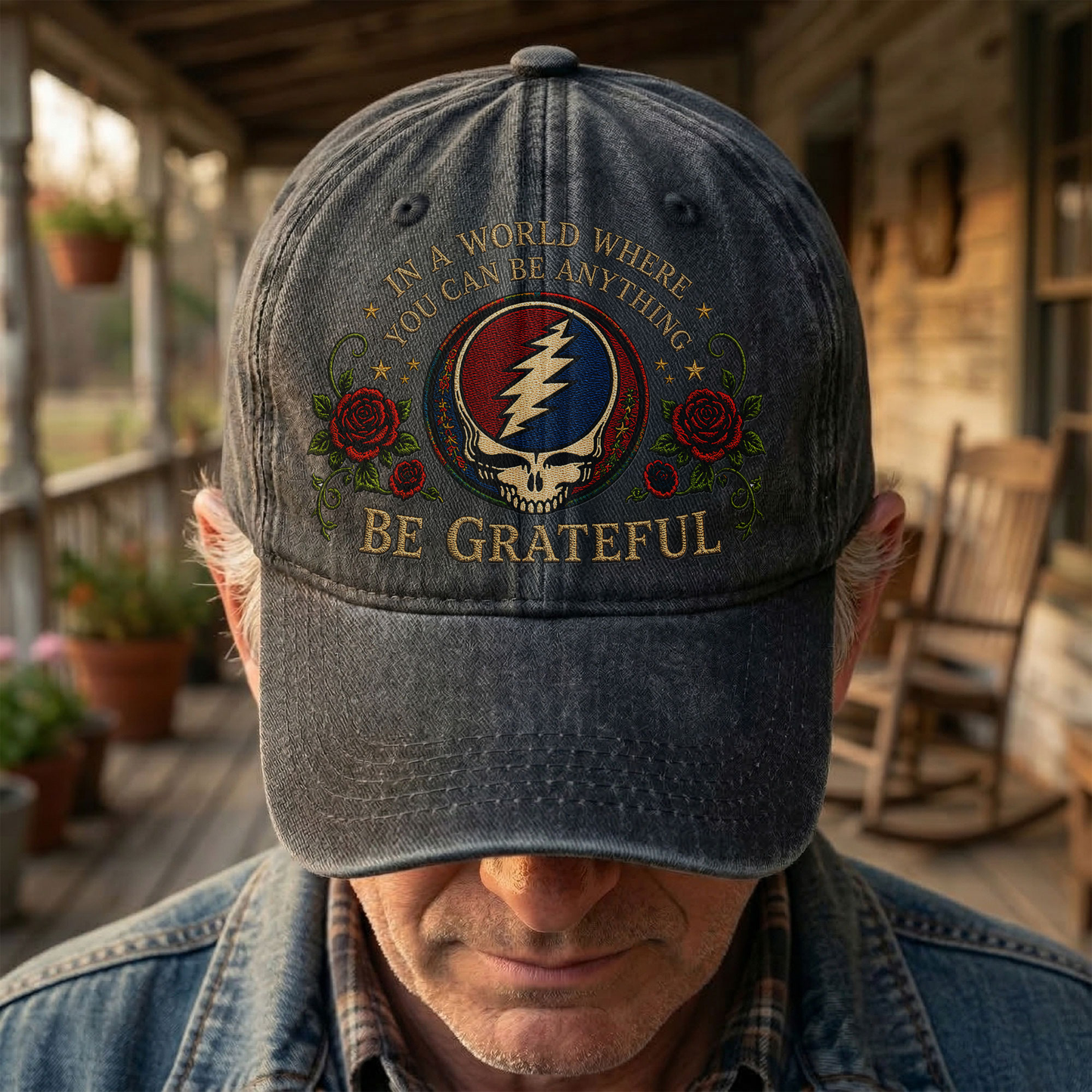 Grateful Dead Be Grateful Steal Your Face Lightning Skull Denim Cap – Retro Vintage Dad Cap Gift For Dad (With Box)