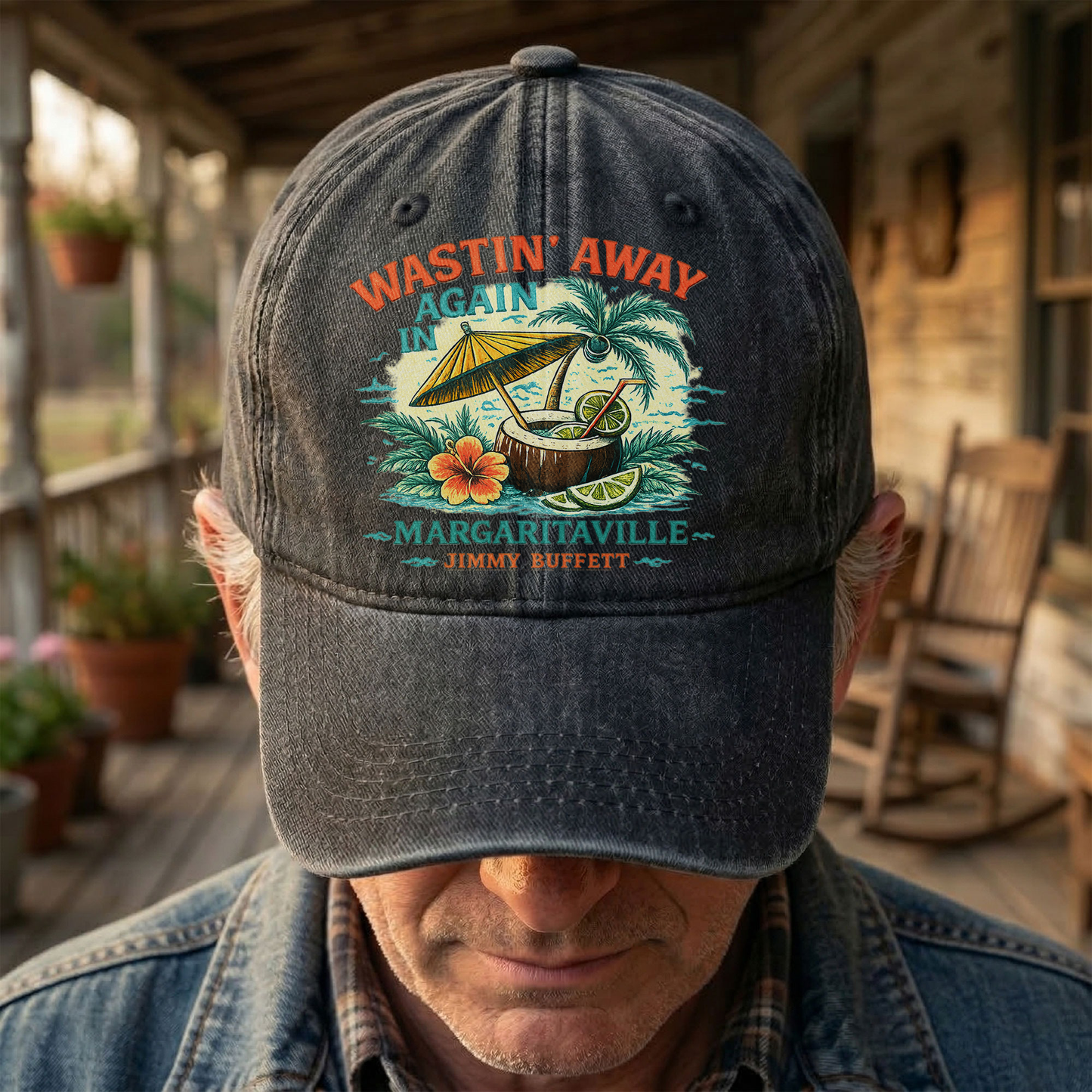 Jimmy Buffett Margaritaville Wastin Away Again Tropical Cocktail Beach Denim Cap – Retro Vintage Dad Cap Gift For Dad (With Box)