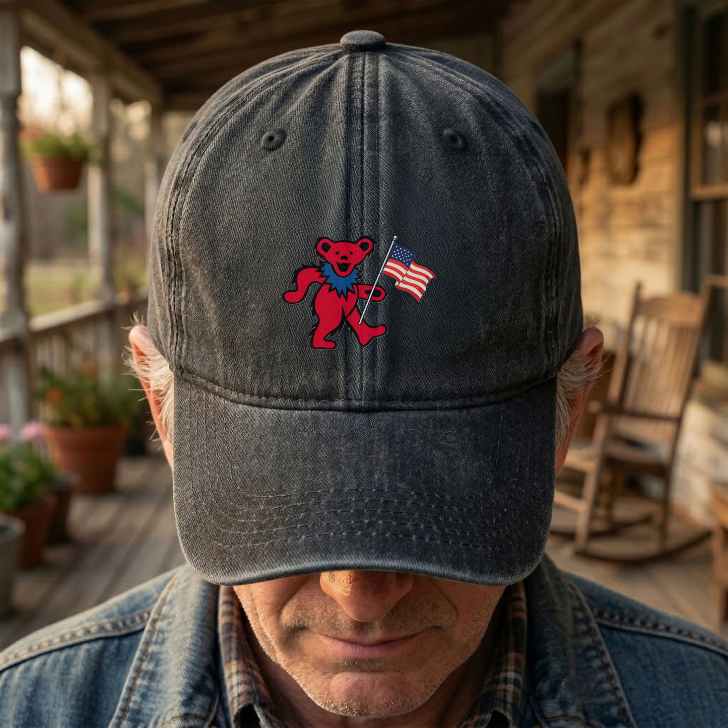 Patriotic Dancing Bear Denim Cap – Retro USA Flag Dad Hat (With Box)