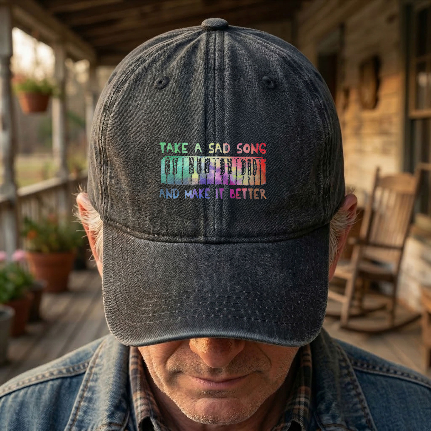 Take A Sad Song Piano Cap – Vintage Blue Dad Hat, Retro Music Quote Minimalist Piano Hat (With Box)