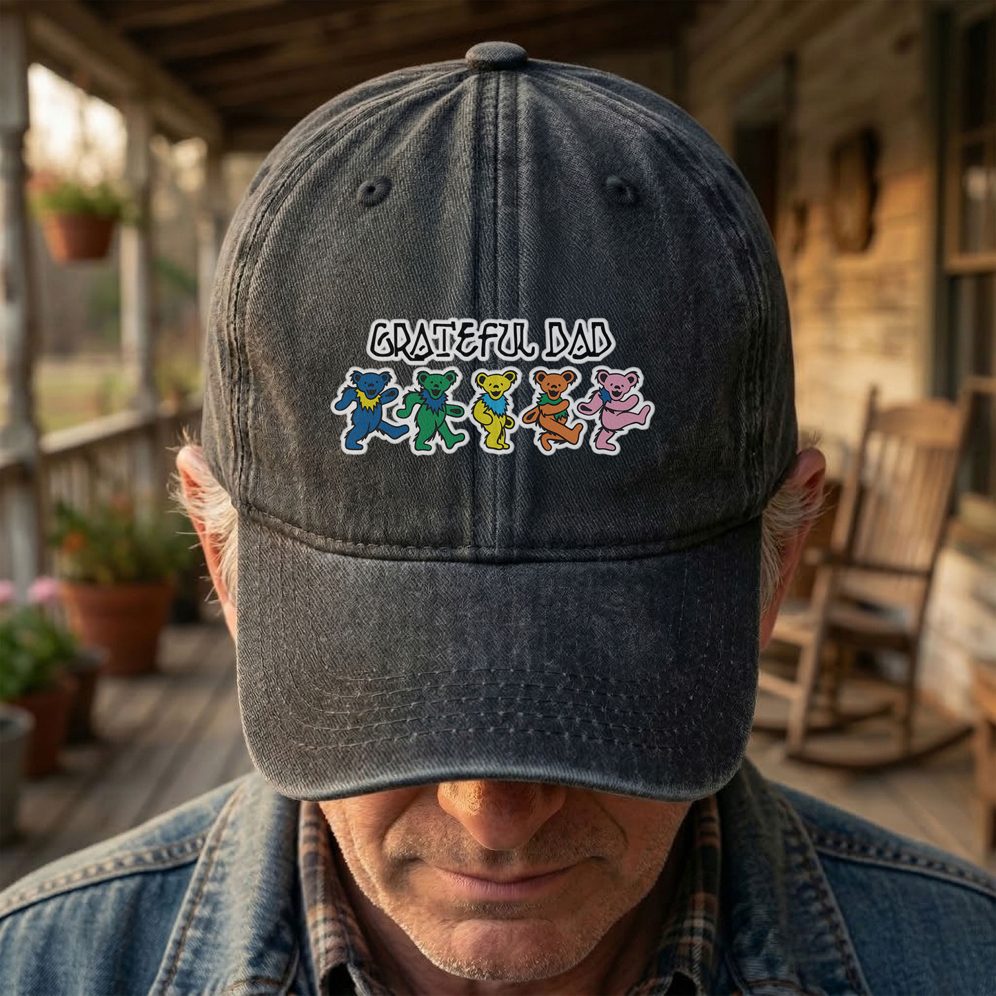 Grateful Dad Denim Cap – Dancing Bears Retro Music Dad Hat (With Box)