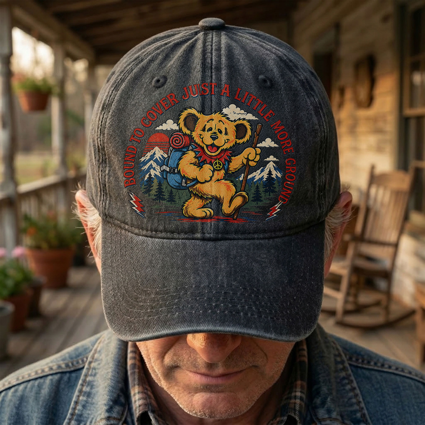 Grateful Dead Truckin Bound To Cover Just A Little More Ground Hiking Bear Denim Cap – Retro Vintage Dad Cap Gift For Dad (With Box)