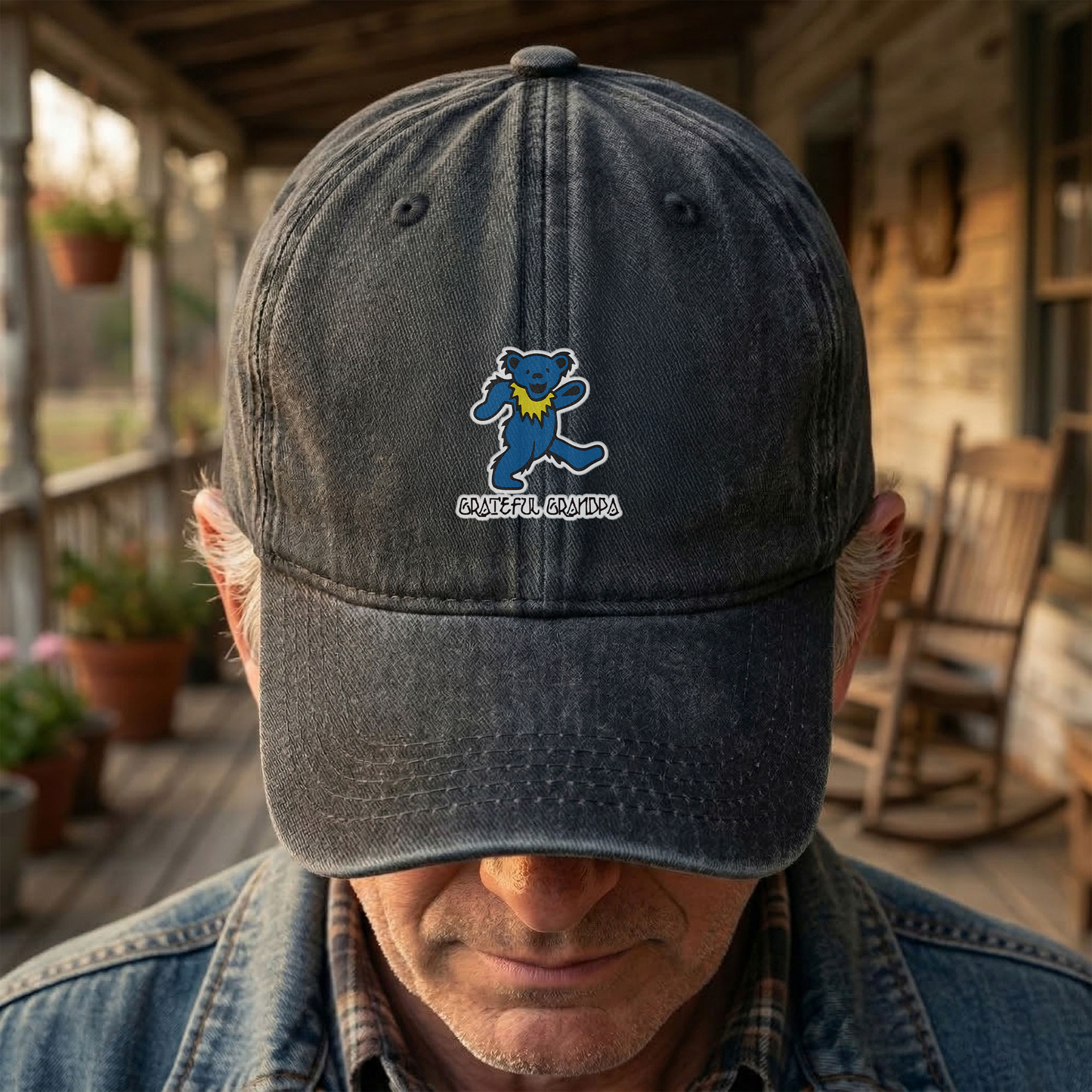Grateful Grandpa Denim Cap – Dancing Bear Retro Dad Hat Gift for Grandpa (With Box)