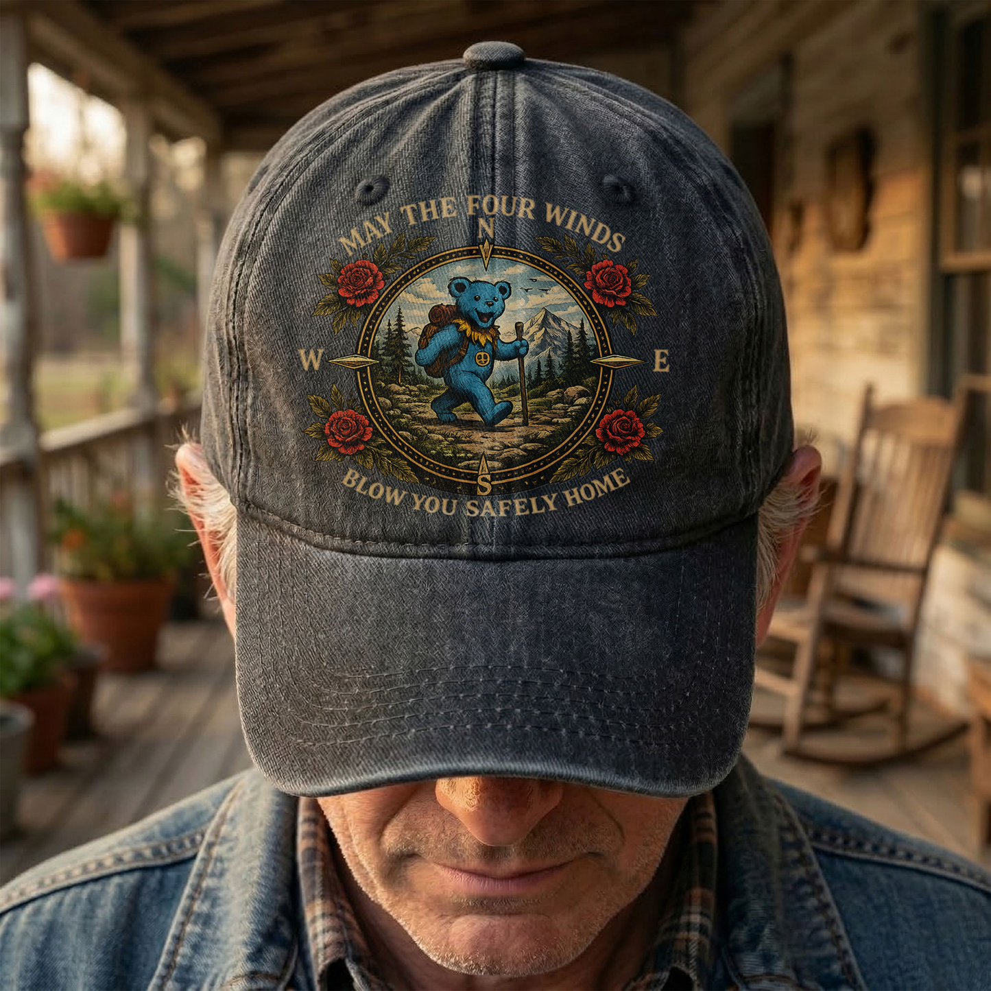 Grateful Dead Franklin's Tower May The Four Winds Blow You Safely Home Blue Dancing Bear Hiking Denim Cap – Retro Vintage Dad Cap Gift For Dad (With Box)