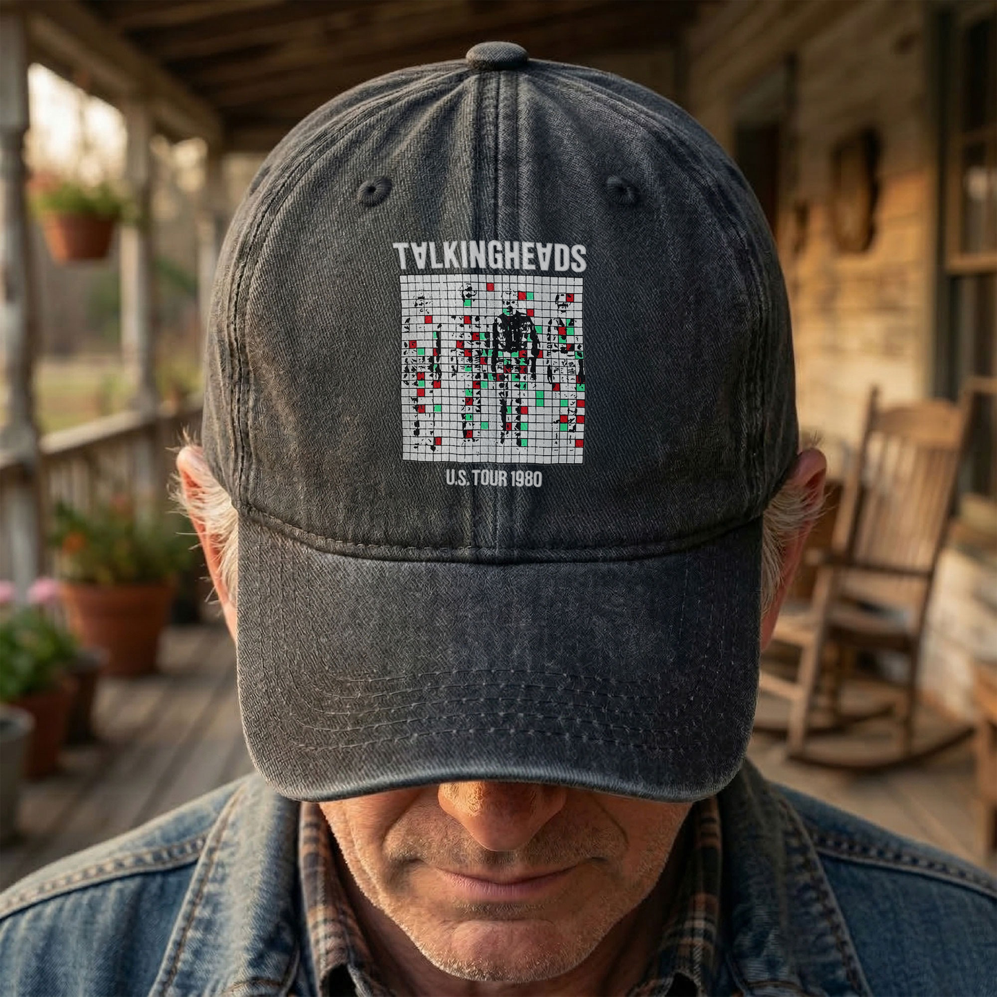 Talking Heads US Tour 1980 Cap – Vintage Washed Black Denim Dad Hat, Glitch Graphic Retro Band Hat (With Box)