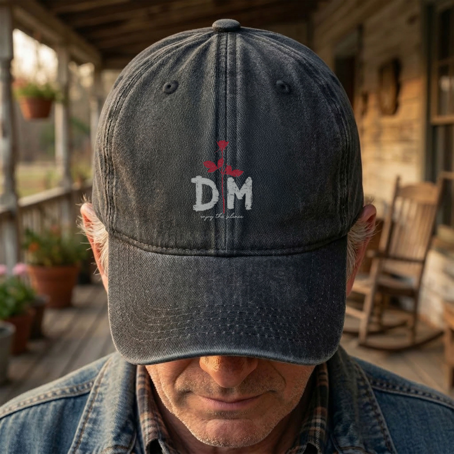DM Rose Denim Cap – Minimalist Depeche Mode Inspired Dad Hat (With Box)