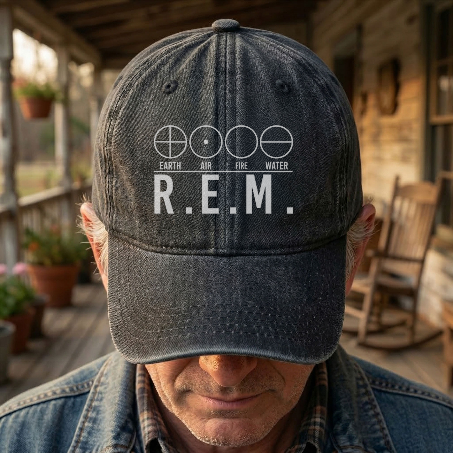 R.E.M Elements Logo Cap – Vintage Washed Black Denim Dad Hat, Earth Air Fire Water Minimalist Band Hat (With Box)
