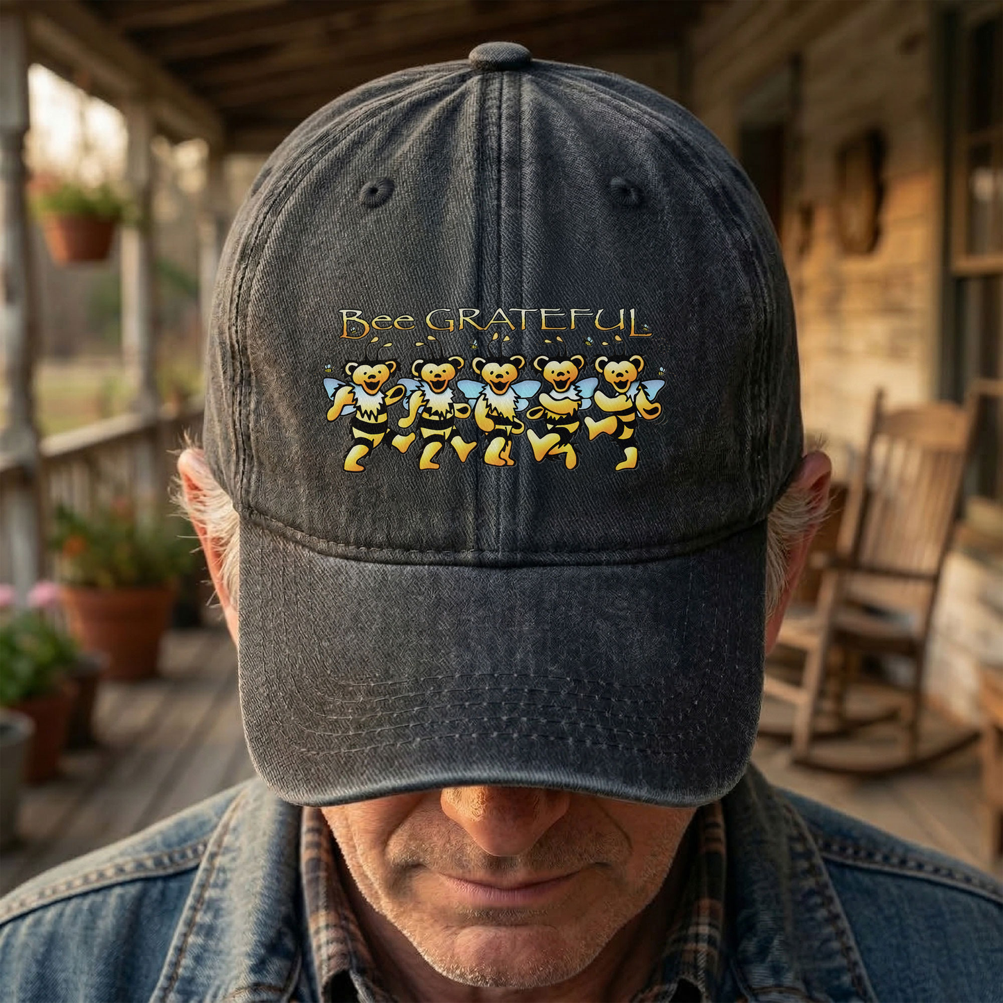 Bee Grateful Denim Cap – Dancing Bears Bee Parody Retro Dad Hat (With Box)