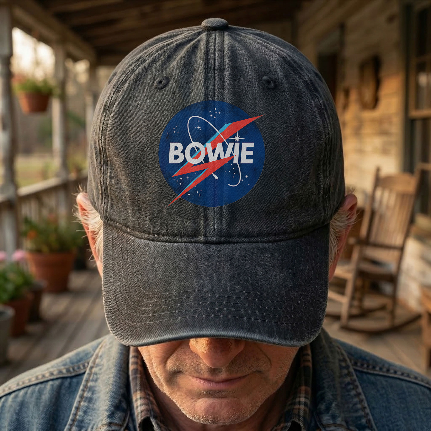 David Bowie NASA Lightning Bolt Logo Denim Cap – Retro Punk Rock Music Fan Cap Gift For Dad (With Box)