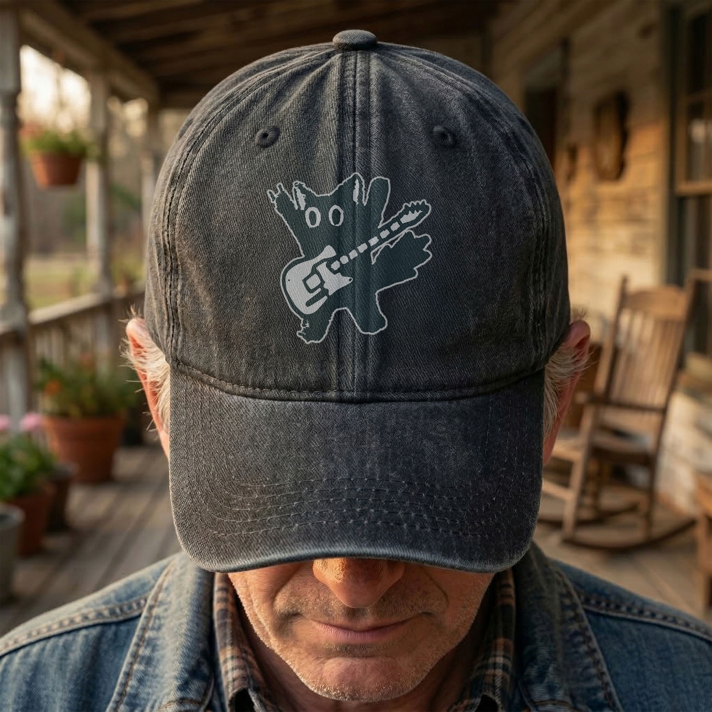 Rockstar Cat Artwork Vintage Denim Cap – Retro The Cure Band Merch Gift for Dad (With Box)