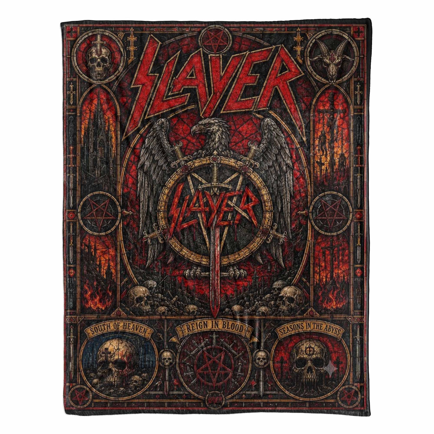 Slayer Band Sherpa Blanket – Reign In Blood Stained Glass Thrash Metal Throw Blanket