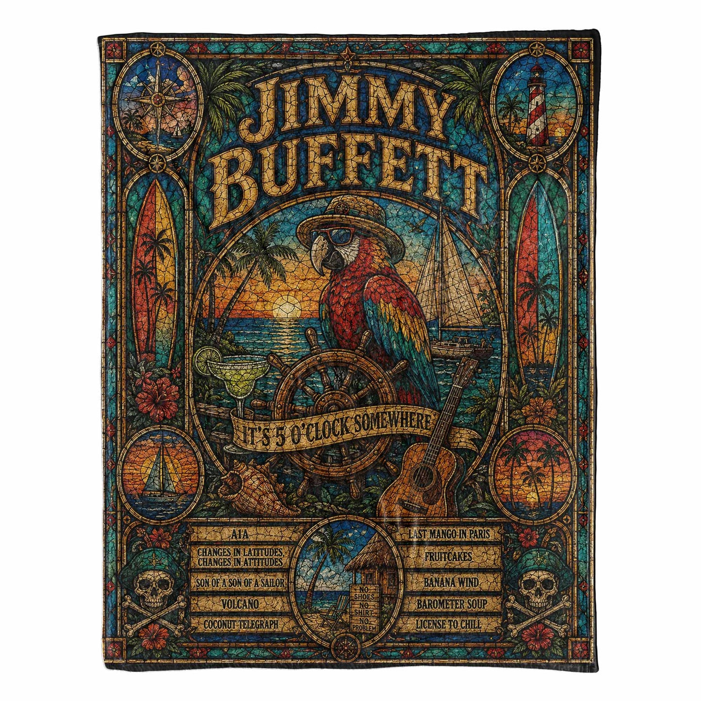 Jimmy Buffett Sherpa Blanket – Margaritaville Stained Glass Tropical Coastal Blanket