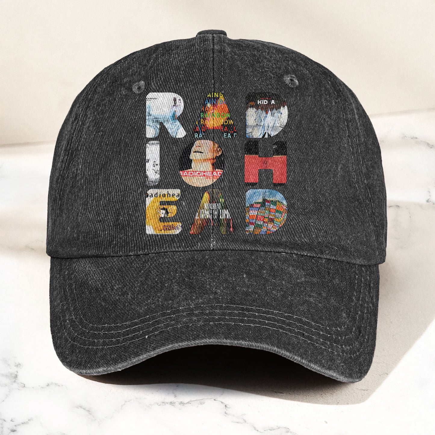 Radiohead Album Collage Denim Dad Cap – Vintage Washed Alternative Rock Hat