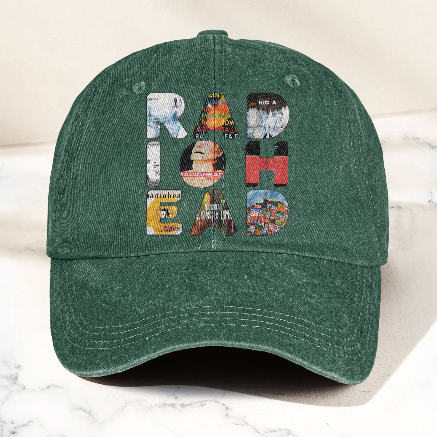 Radiohead Album Collage Denim Dad Cap – Vintage Washed Alternative Rock Hat