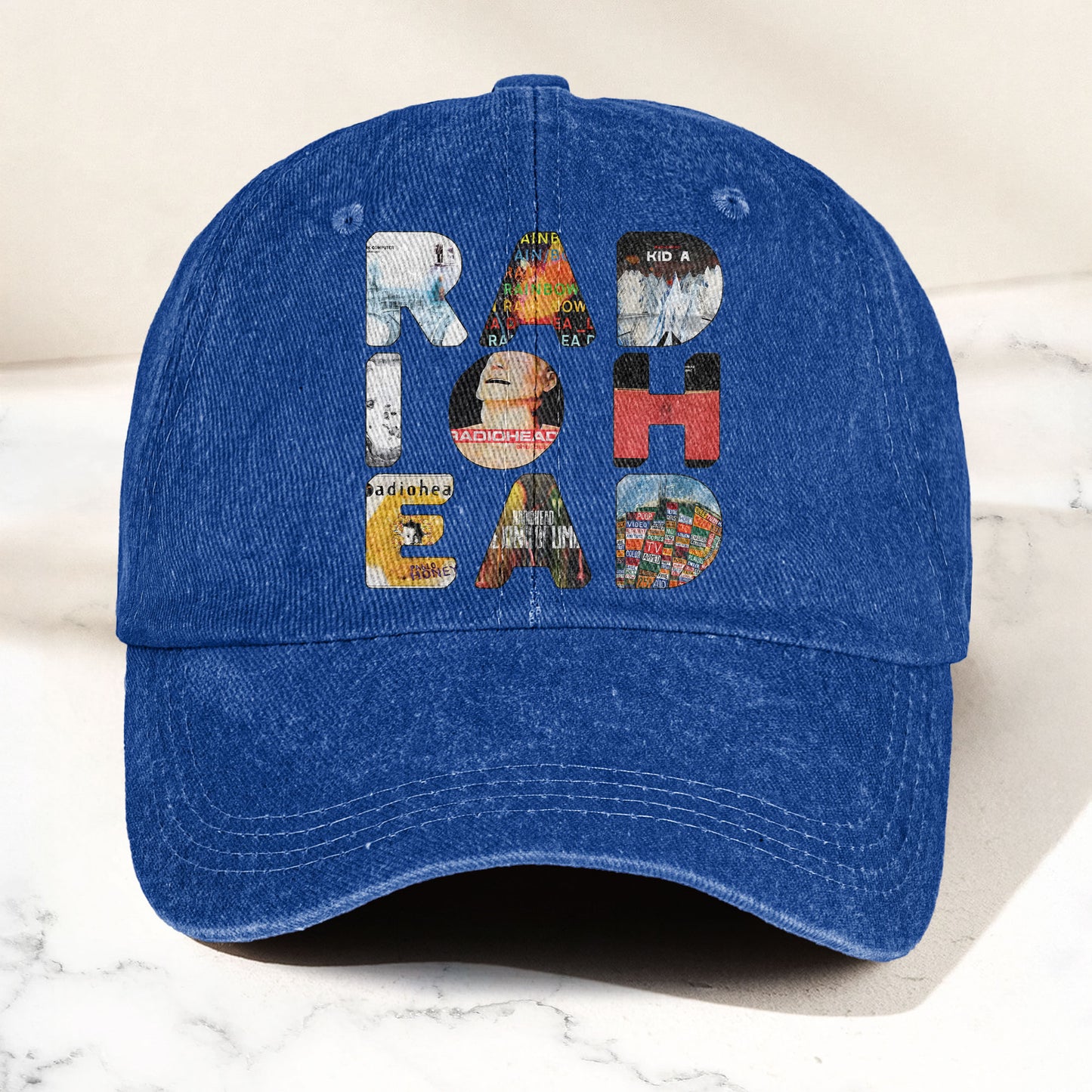 Radiohead Album Collage Denim Dad Cap – Vintage Washed Alternative Rock Hat