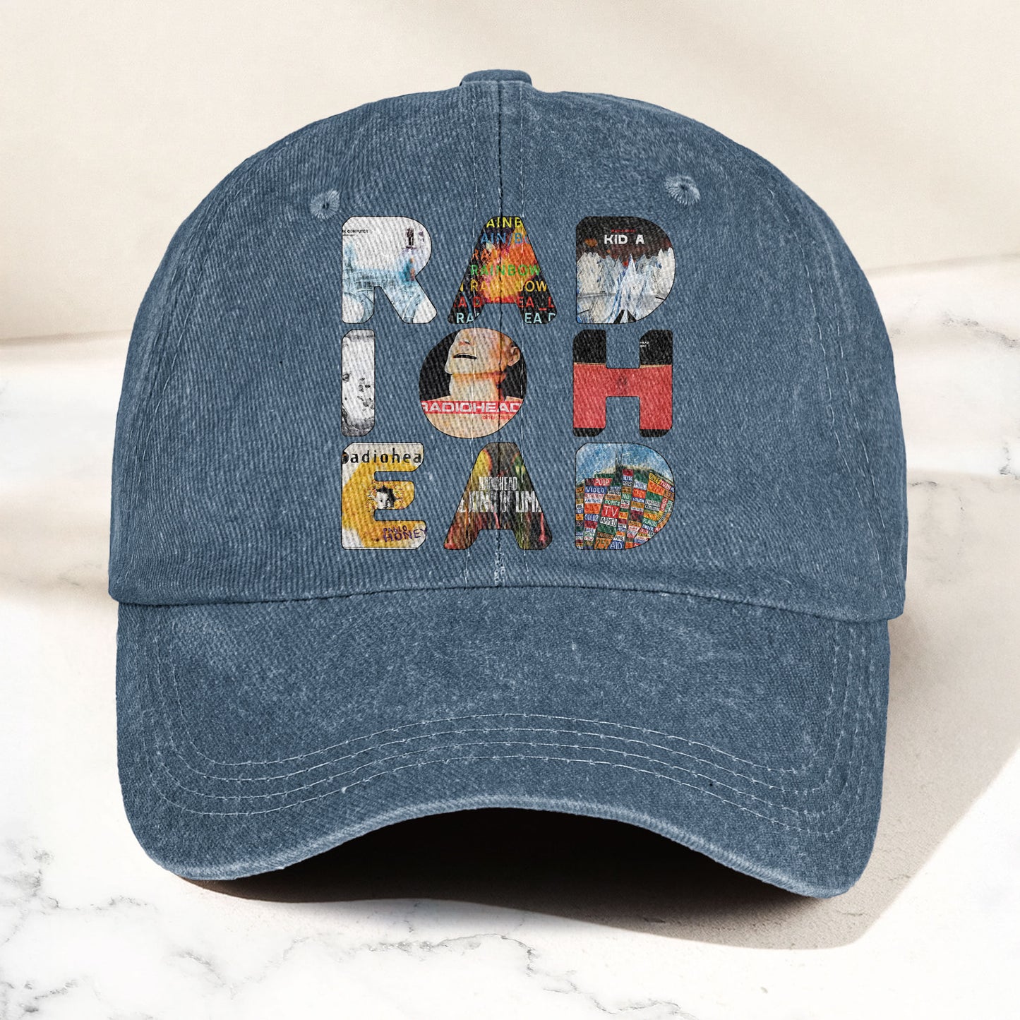 Radiohead Album Collage Denim Dad Cap – Vintage Washed Alternative Rock Hat