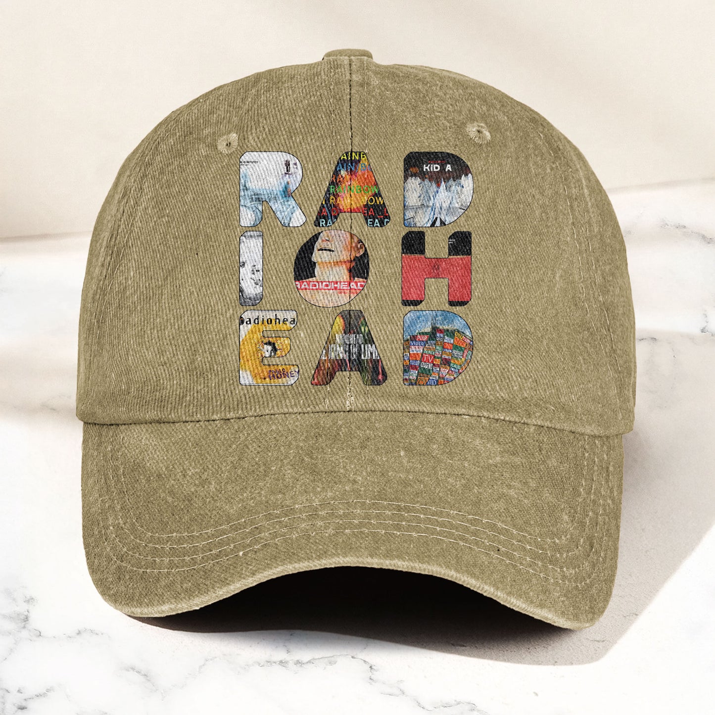Radiohead Album Collage Denim Dad Cap – Vintage Washed Alternative Rock Hat