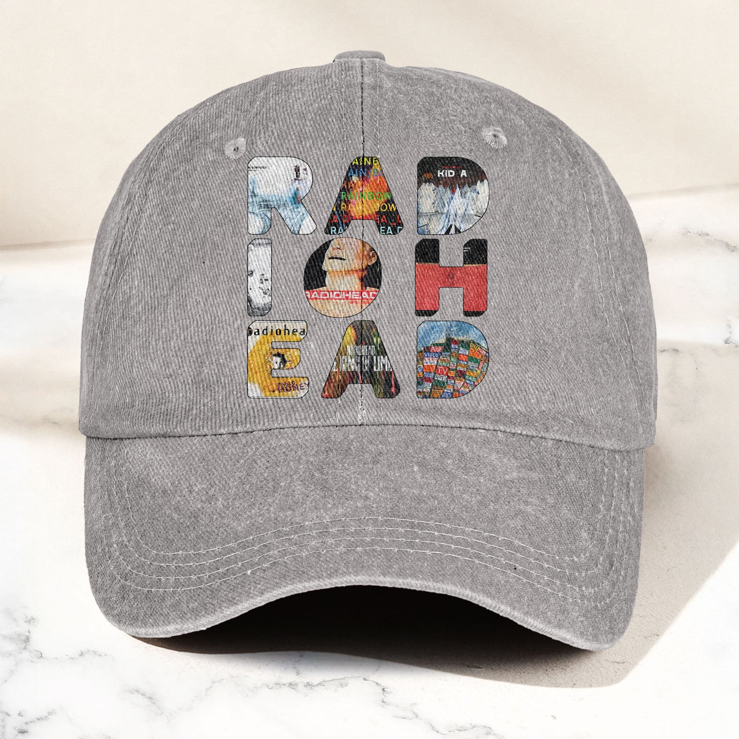 Radiohead Album Collage Denim Dad Cap – Vintage Washed Alternative Rock Hat