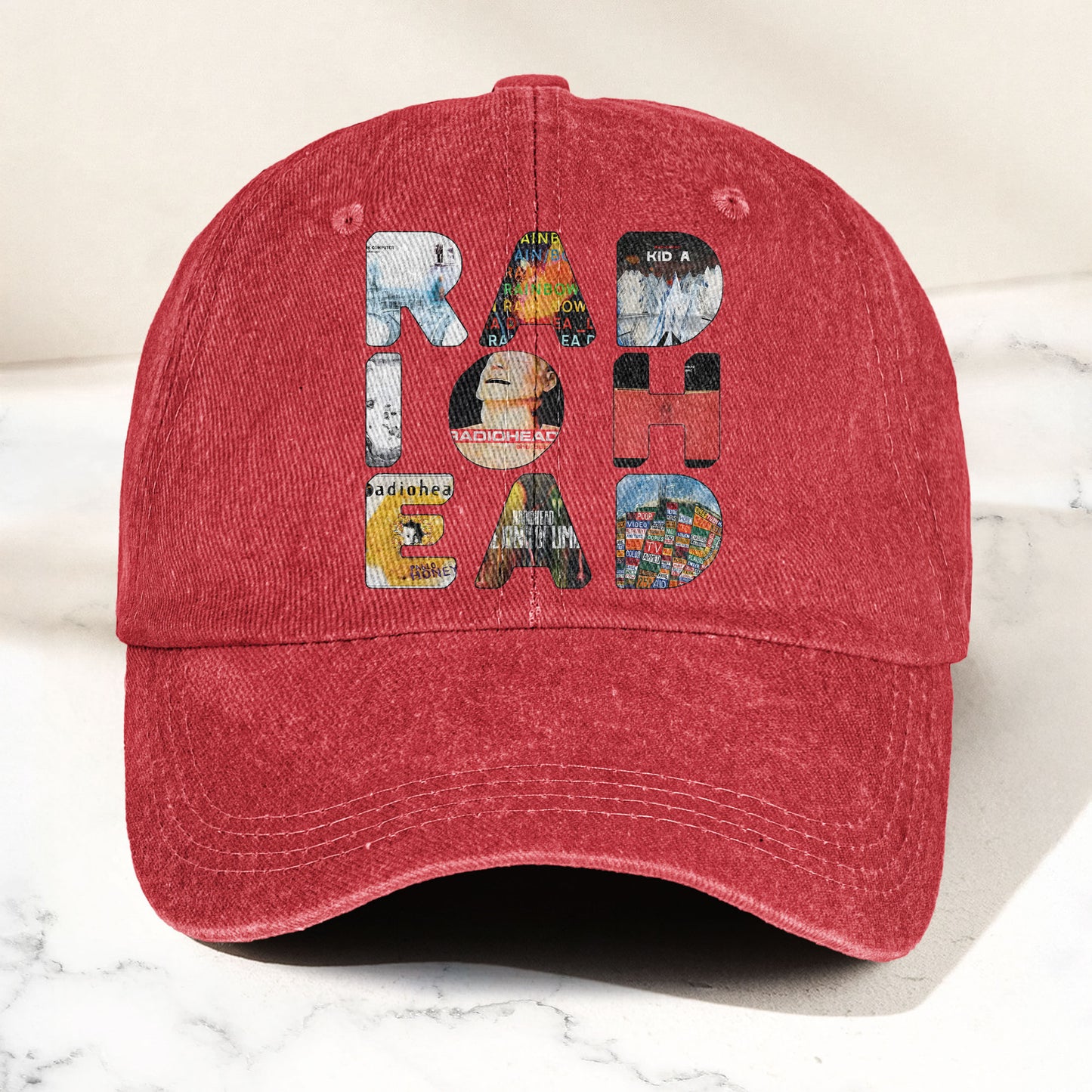 Radiohead Album Collage Denim Dad Cap – Vintage Washed Alternative Rock Hat