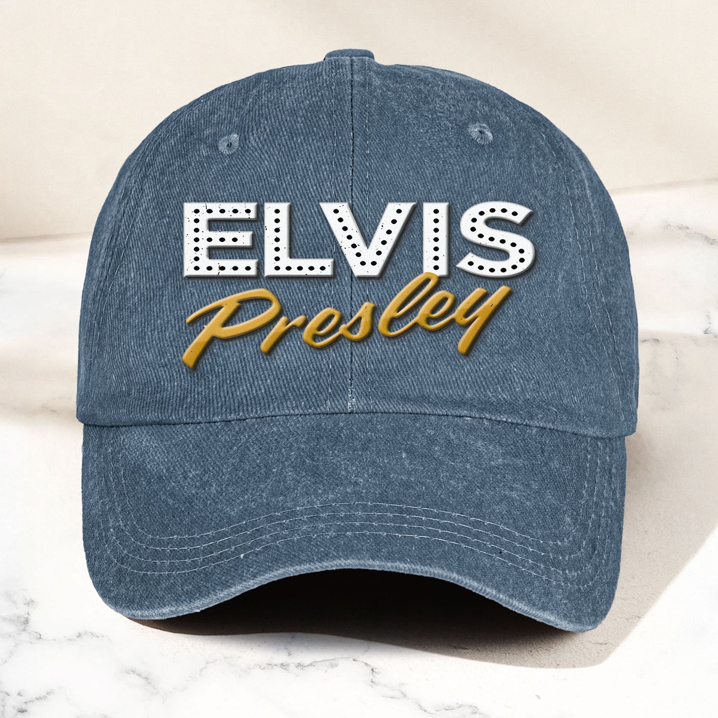 Elvis Presley Denim Dad Cap – Classic Vegas Marquee Logo Design ( With BOX)