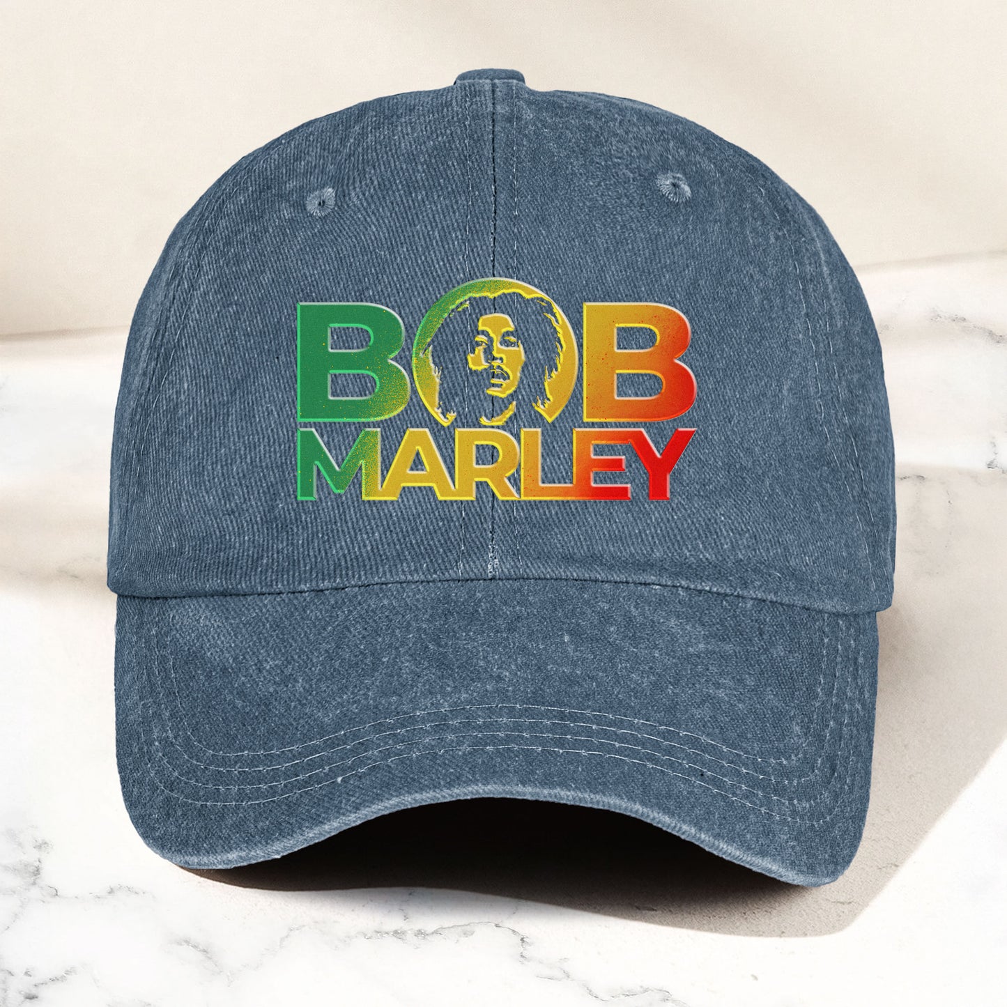 Bob Marley Denim Dad Cap – Rasta Color Portrait Logo Design ( With BOX)
