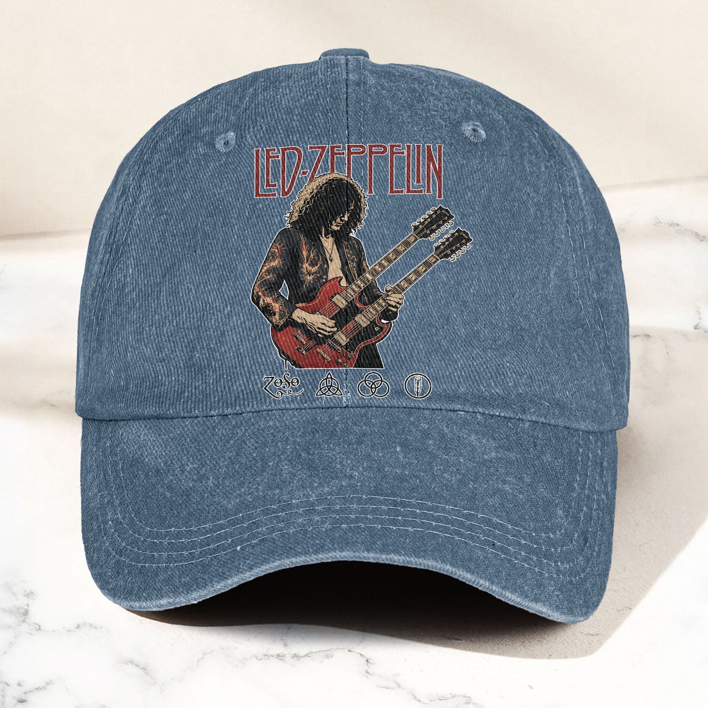 Led Zeppelin Jimmy Page Double Neck Guitar Zoso Music Merch Denim Cap – Retro Vintage Dad Cap Gift For Dad (With Box)