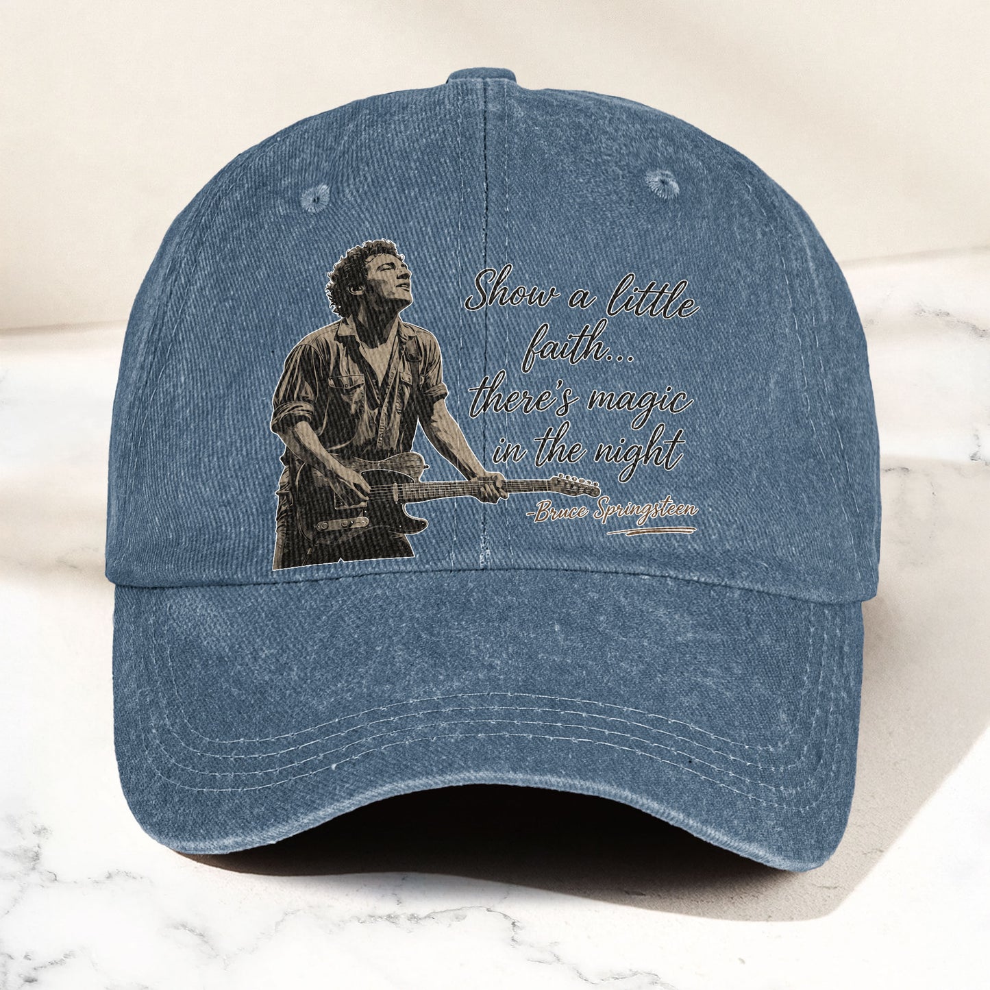Bruce Springsteen Thunder Road Lyric Show A Little Faith Denim Cap – Retro Vintage Dad Cap Gift For Dad (With Box)