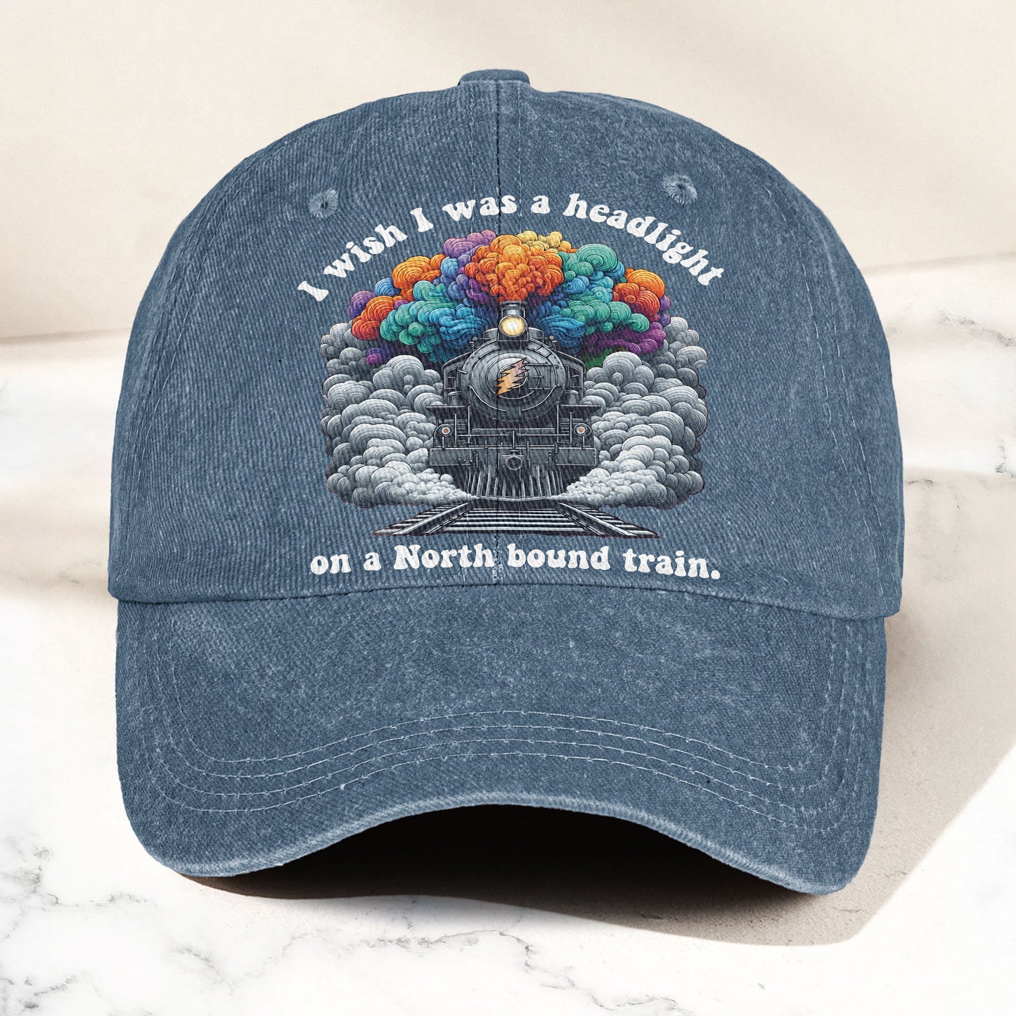 Grateful Dead I Know You Rider Headlight North Bound Train Denim Cap – Retro Vintage Dad Cap Gift For Dad (With Box)