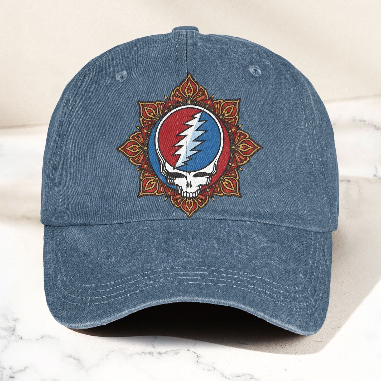 Grateful Dead Steal Your Face Mandala Lightning Skull Denim Cap – Retro Vintage Dad Cap Gift For Dad (With Box)