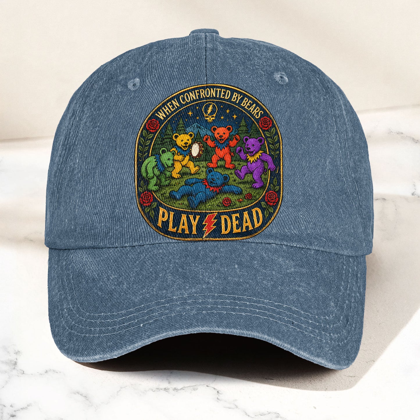 Grateful Dead When Confronted By Bears Dancing Bears Denim Cap – Retro Vintage Dad Cap Gift For Dad (With Box)