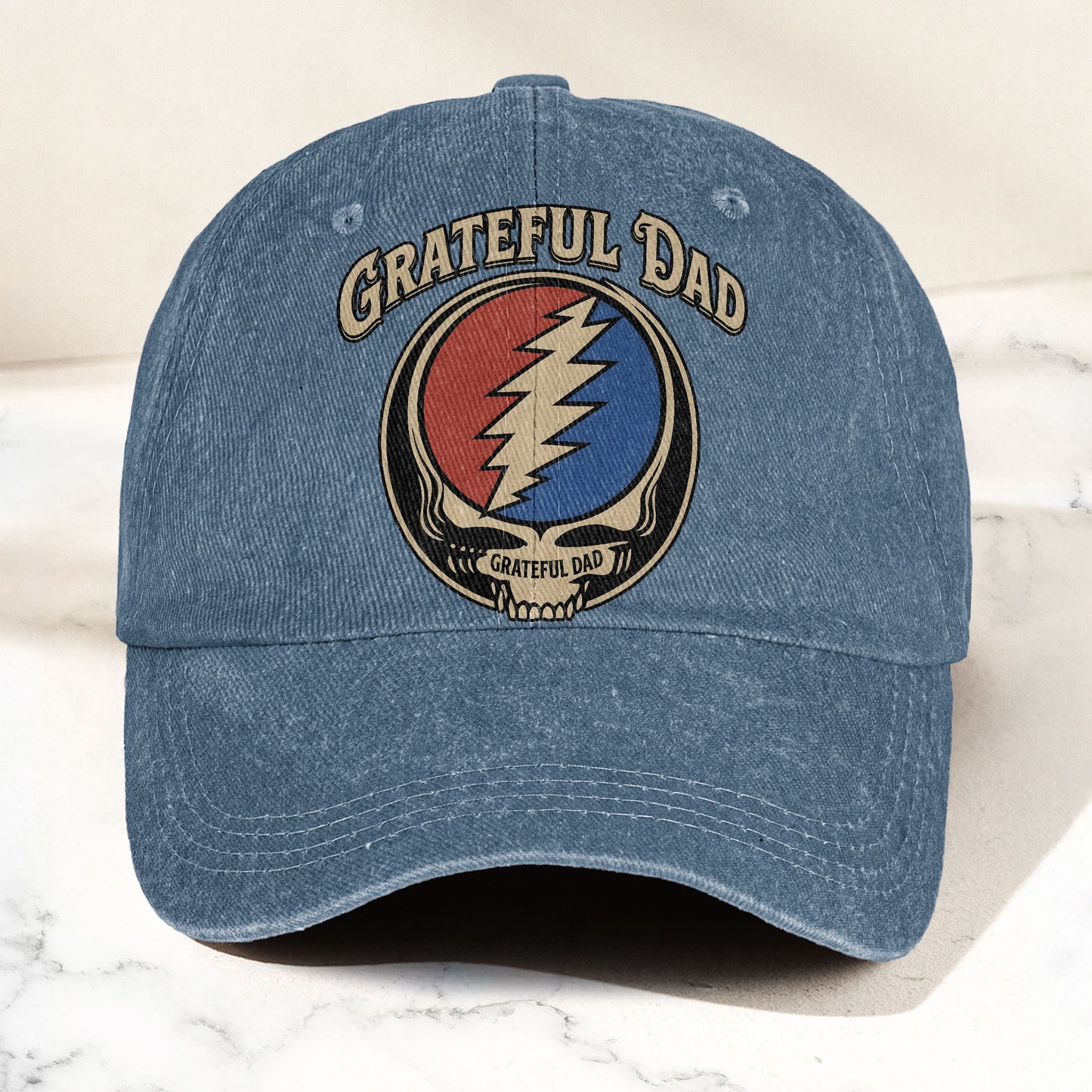 Grateful Dead Grateful Dad Steal Your Face Lightning Skull Denim Cap – Retro Vintage Dad Cap Gift For Dad (With Box)