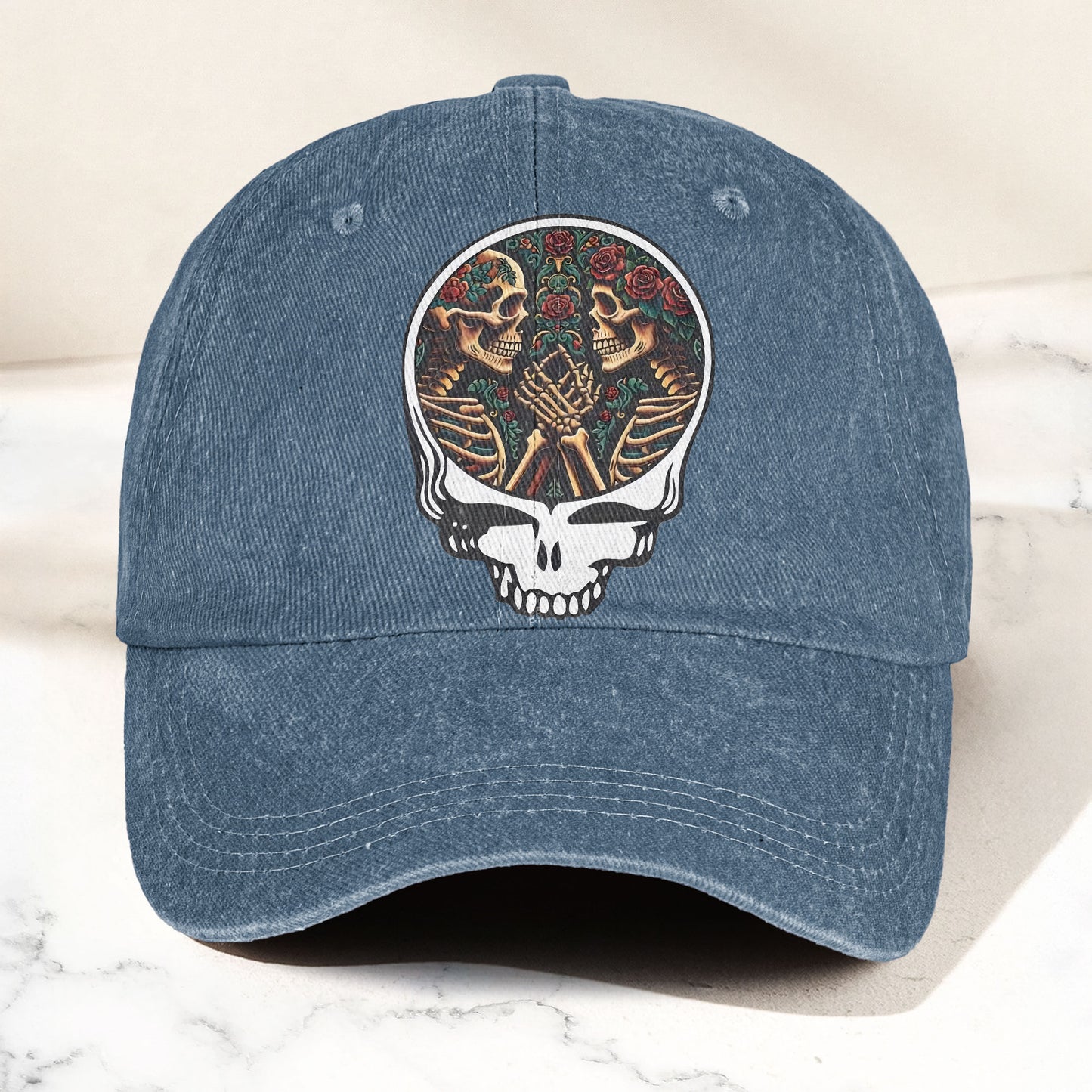Grateful Dead Lovers Skeletons Steal Your Face Music Merch Denim Cap – Retro Vintage Dad Cap Gift For Dad (With Box)